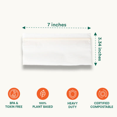Compostable snack resealable bags displaying size and features.