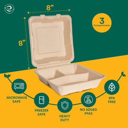 3-Compartment Clamshell Take Out Food Containers With Lids [8X8 100-Pack]