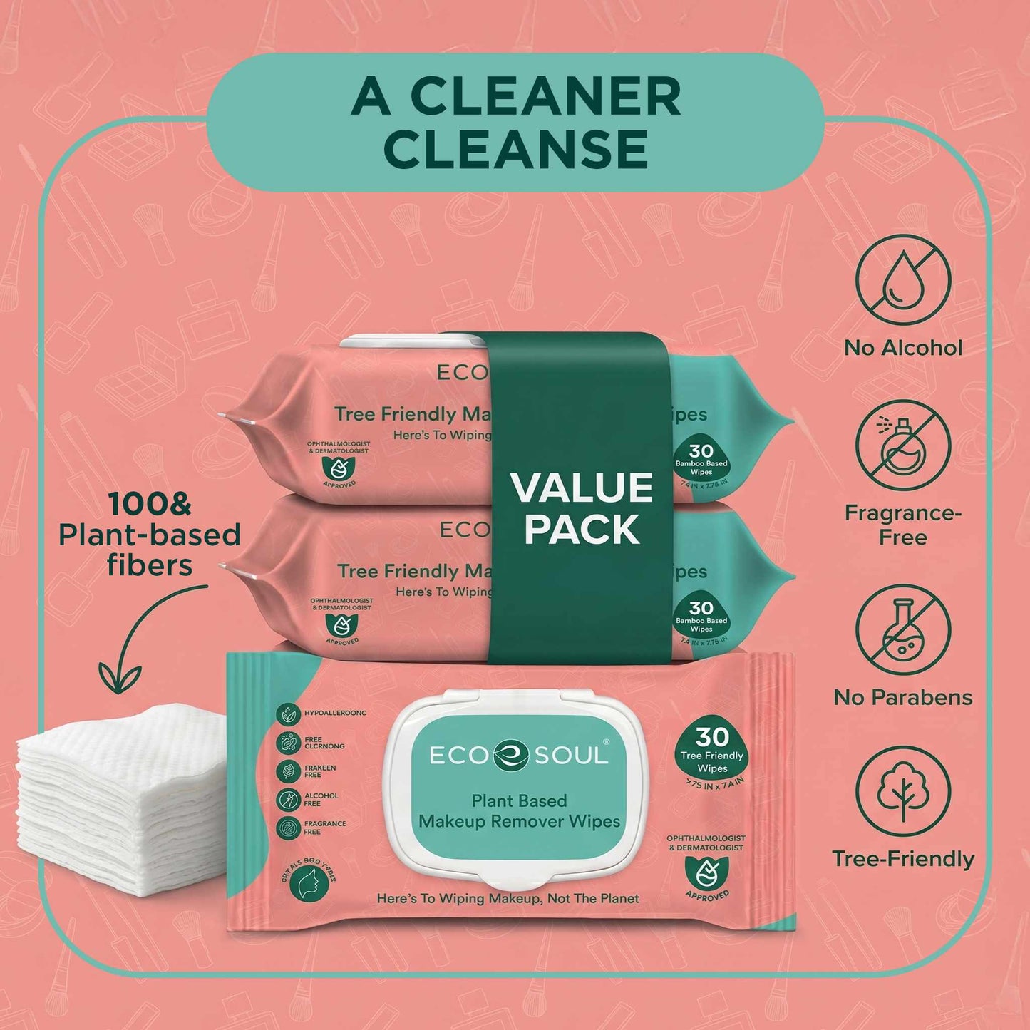 ECO SOUL Plant-Based Makeup Remover Wipes (30 Count, Pack of 2)