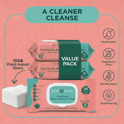 ECO SOUL Plant-Based Makeup Remover Wipes (30 Count, Pack of 2)