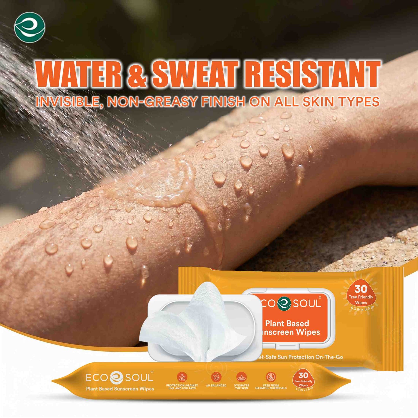 ECO SOUL Plant-Based Sunscreen Wipes SPF 50 PA+++ (30 Count, Pack of 1)