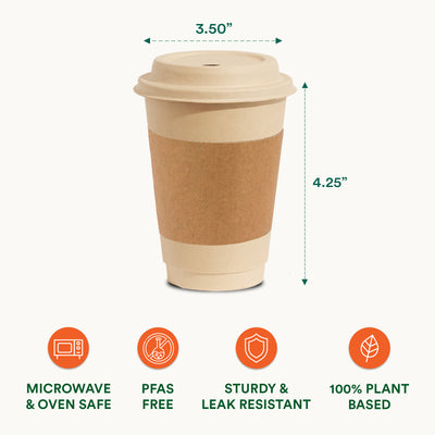 12oz disposable coffee cup with measurements for size and accompanied by lids and sleeves.