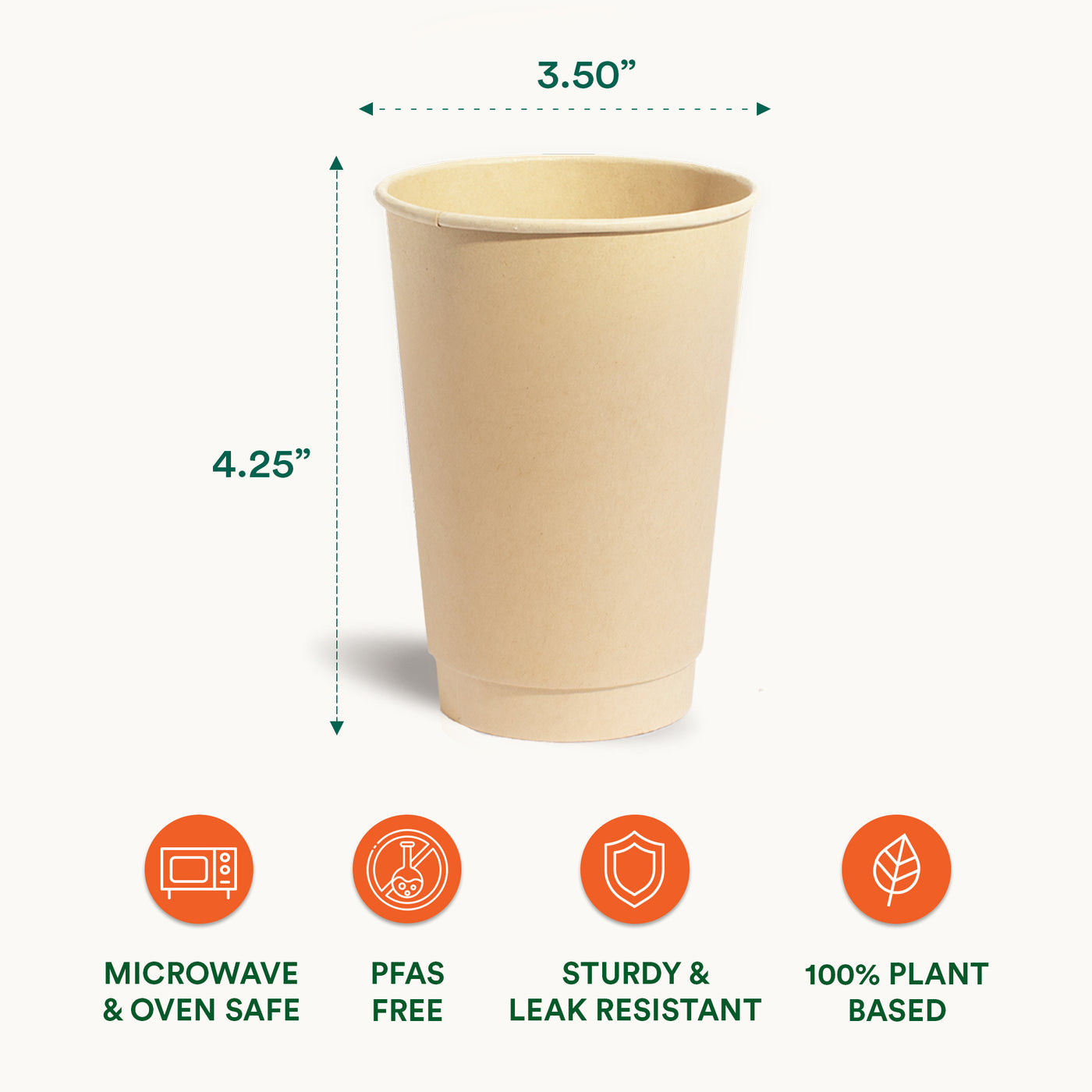 A 16oz compostable hot cup with measurements and features, showcasing its capacity and eco-friendly attributes.