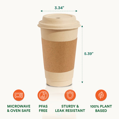 A 16oz Compostable Hot Coffee Cup with measurements displayed, accompanied by lids and sleeves.
