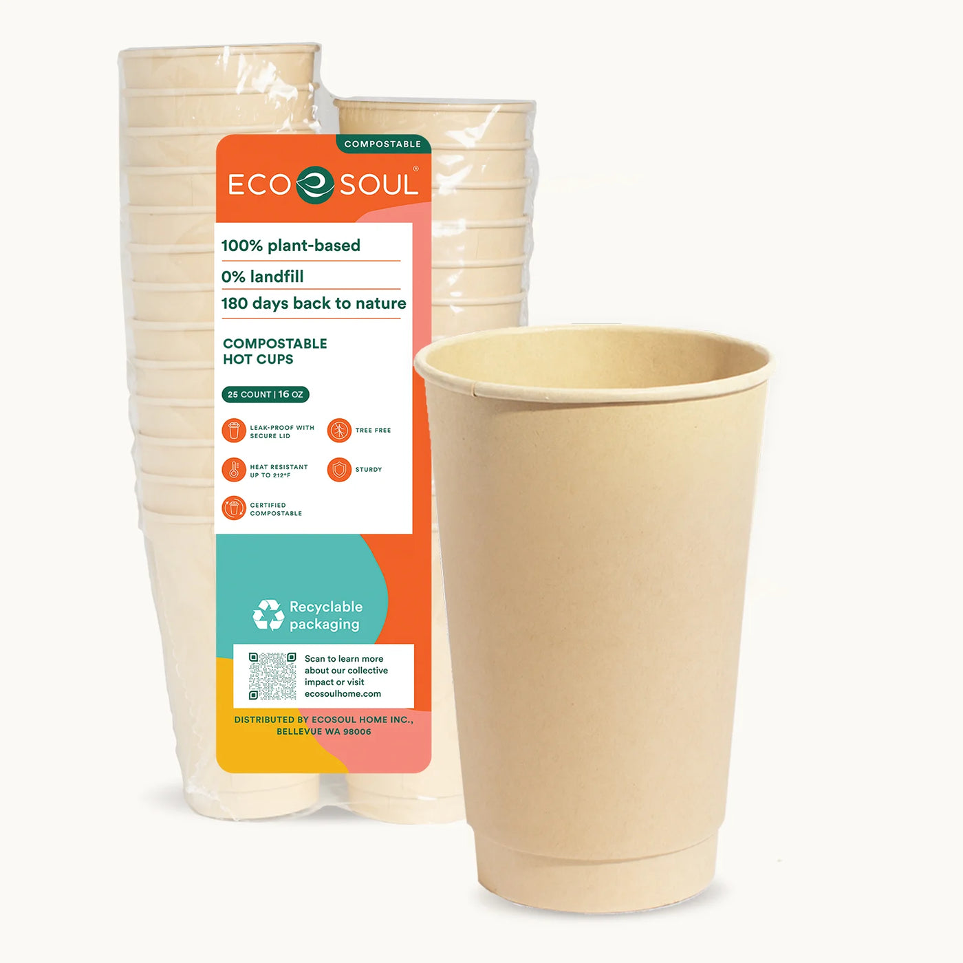 Eco-friendly 16oz compostable hot cups without lids made from bagasse 