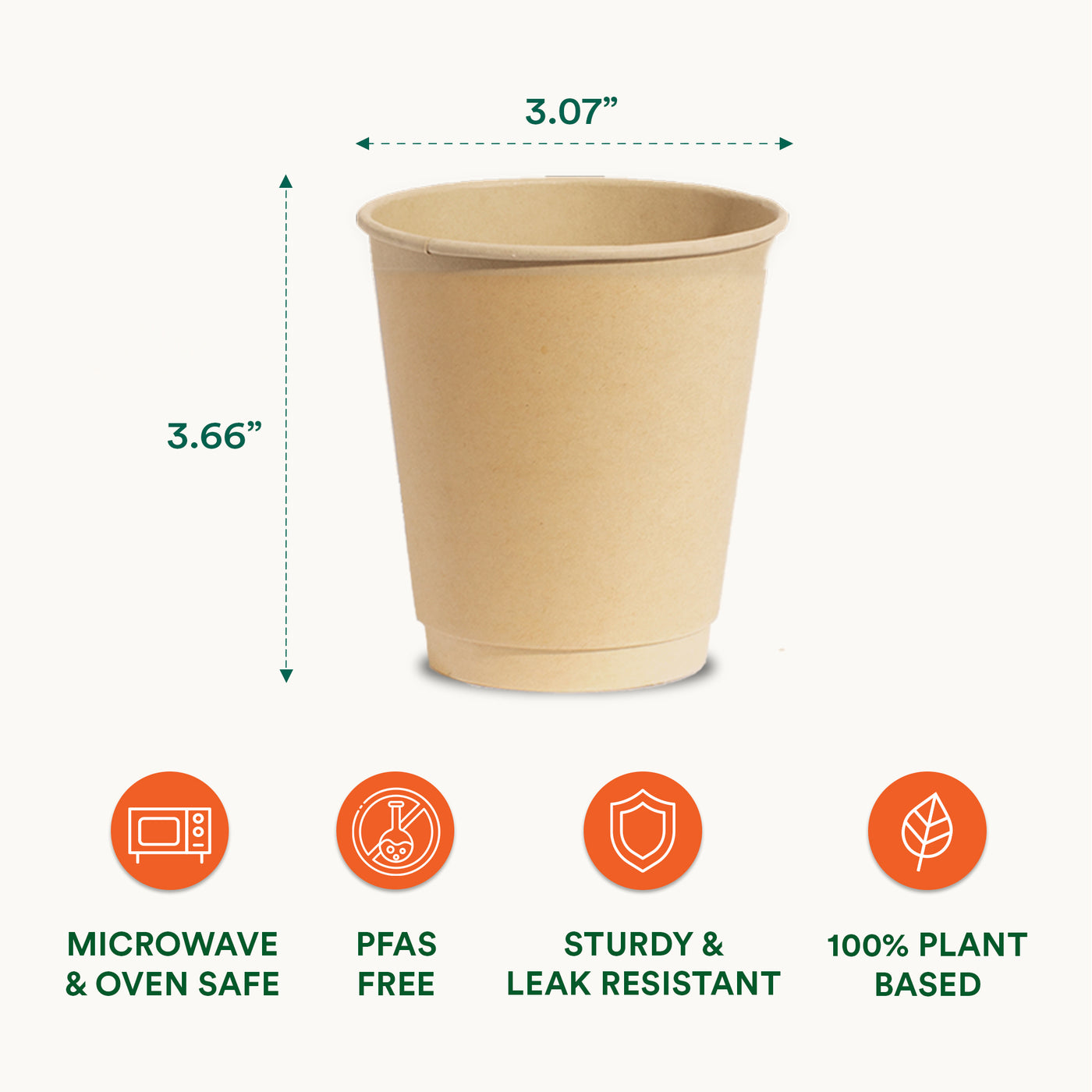 An 8oz Disposable Coffee Cup made from Bagasse, featuring measurements and size indicators on a paper cup.