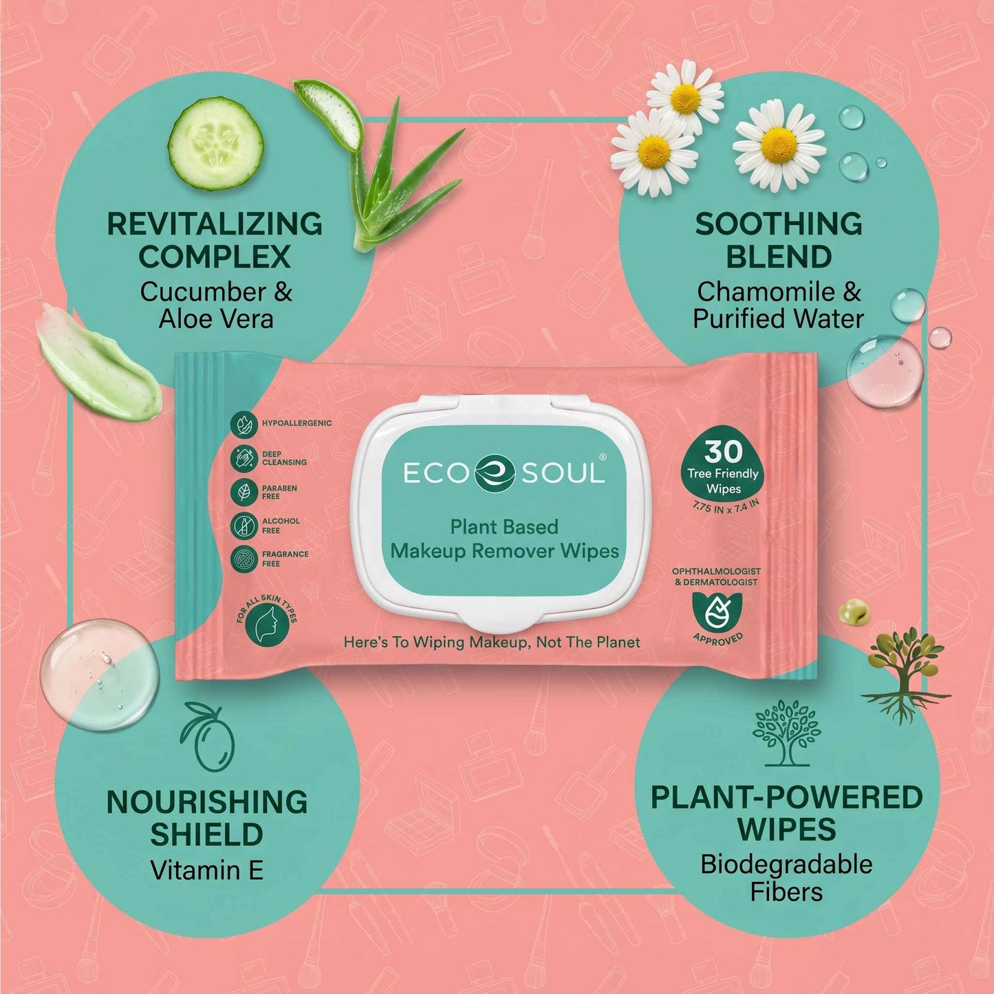 ECO SOUL Plant-Based Makeup Remover Wipes (30 Count, Pack of 2)