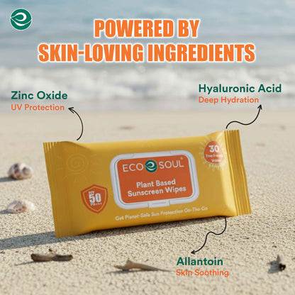 ECO SOUL Plant-Based Sunscreen Wipes SPF 50 PA+++ (30 Count, Pack of 1)