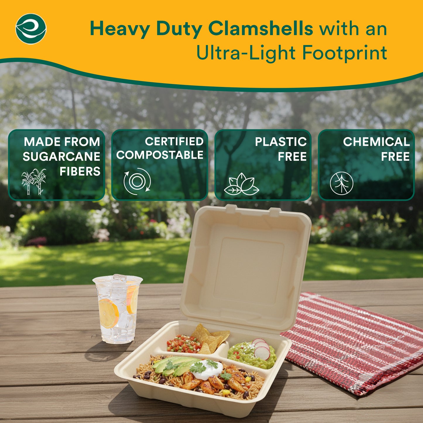 3-Compartment Clamshell Take Out Food Containers With Lids [8X8 100-Pack]