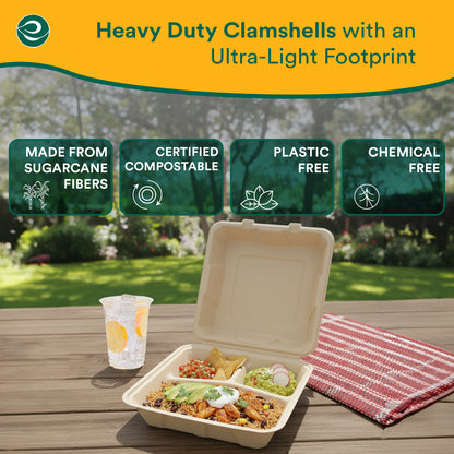 3-Compartment Clamshell Take Out Food Containers With Lids [8X8 100-Pack]