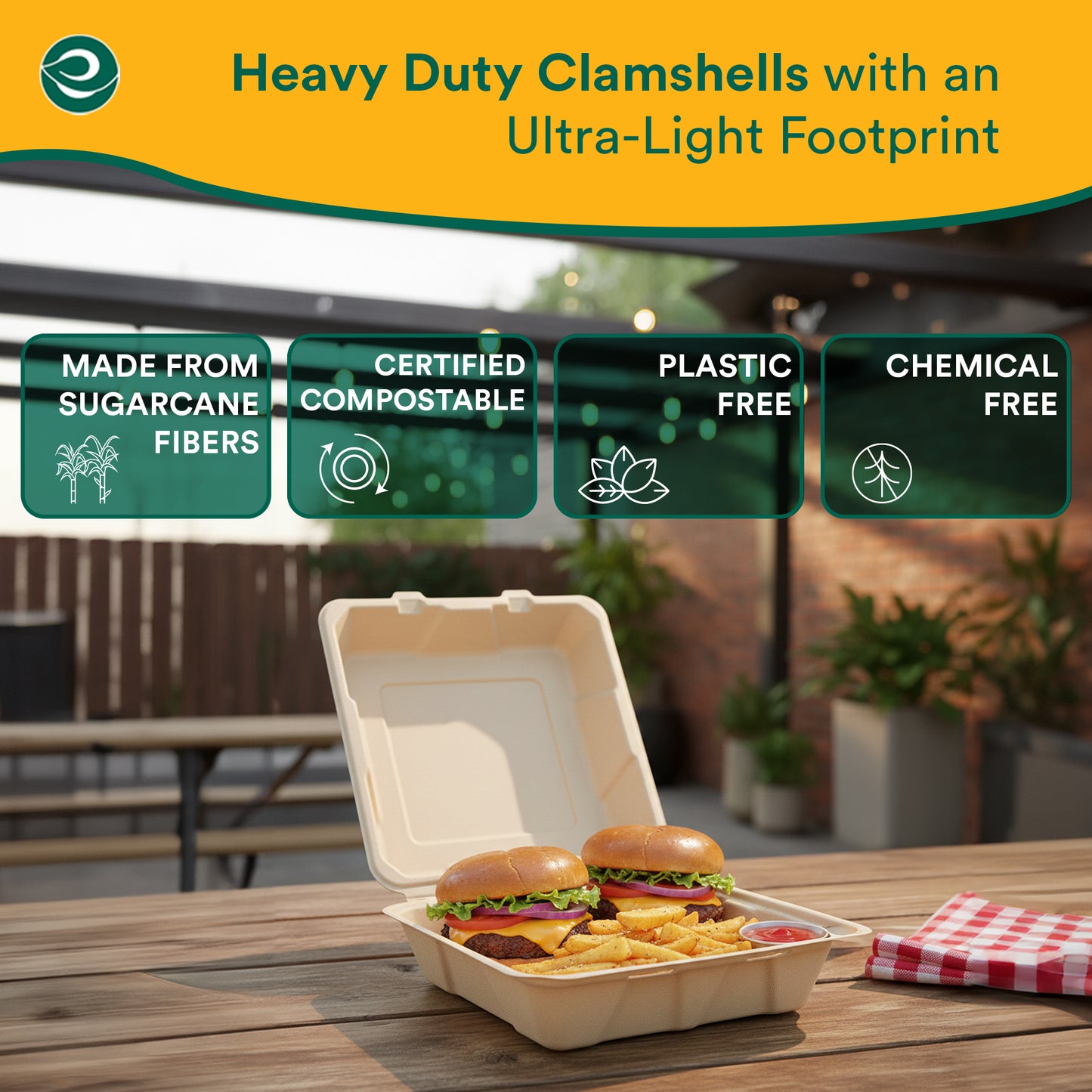 Compostable Clamshell Take Out Food Containers With Lids [8X8]