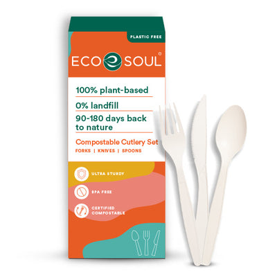 Eco-soul compostable cutlery set made from sustainable materials.
