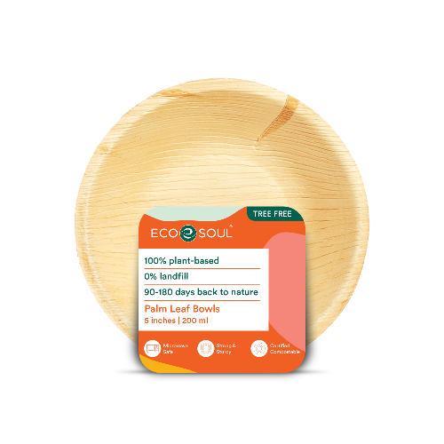 Eco-friendly palm leaf plate, perfect for sustainable dining. Made from palm leaf, compostable, and measures 5 inches in diameter.