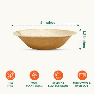 Showcasing features and measurments of Compostable 5 Inch Round Palm Leaf Bowls