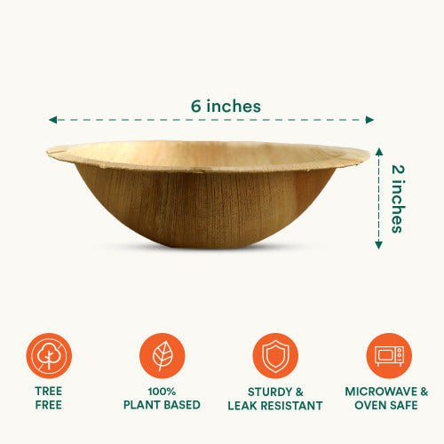 Showcasing the size and features of Round compostable bowl made of palm leaf bowls