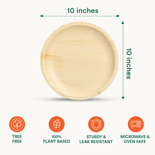 Round compostable plate with size measurements, ideal for eco-friendly dining.