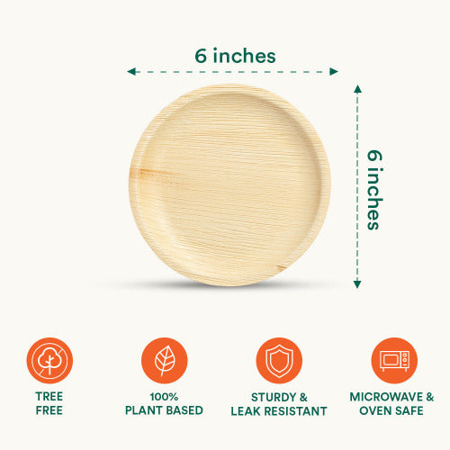  Displaying features and measurment of 6 Inch Round Compostable Palm Leaf Plates.