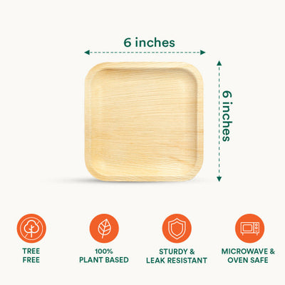 Six Inch Square Compostable Palm Leaf Plates, highlighting size and eco-friendly features.