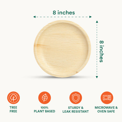 Eco-friendly 8 Inch Round Compostable Palm Leaf Plates with measurements and features 