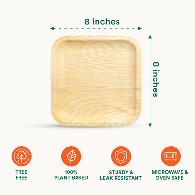 Presenting Size and Features of Eight Inch Square Compostable Palm Leaf Plates, perfect for eco-friendly events and gatherings.