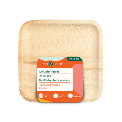A sustainable Square plates made from compostable palm leaf, measuring 8 inches in diameter.