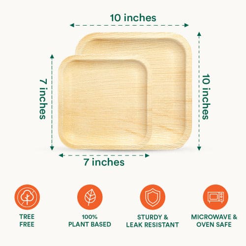 Square compostable palm leaf plates displaying size, measurements and features.