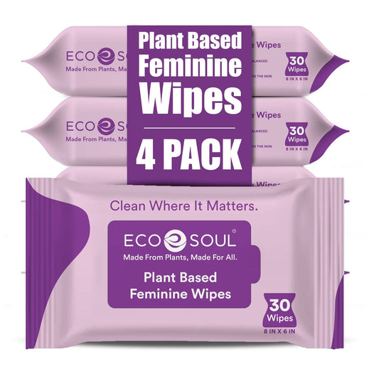 EcoSoul Plant-Based Feminine Wipes For Women| 30 Eco-Friendly Wipes Each (Pack of 4)