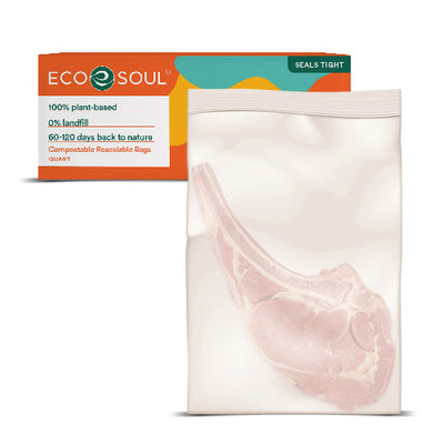 Pork belly dish served in a compostable quart resealable bag.