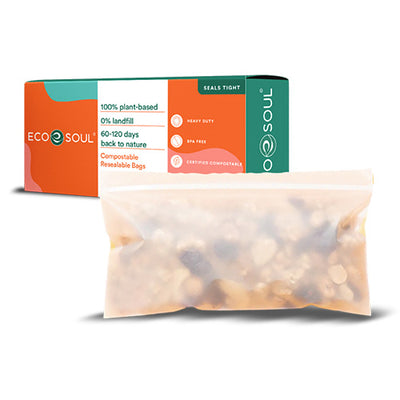 A compostable snack resealable bag and food placed inside it