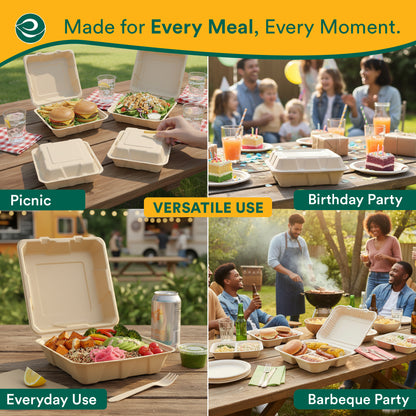 3-Compartment Clamshell Take Out Food Containers With Lids [8X8 100-Pack]