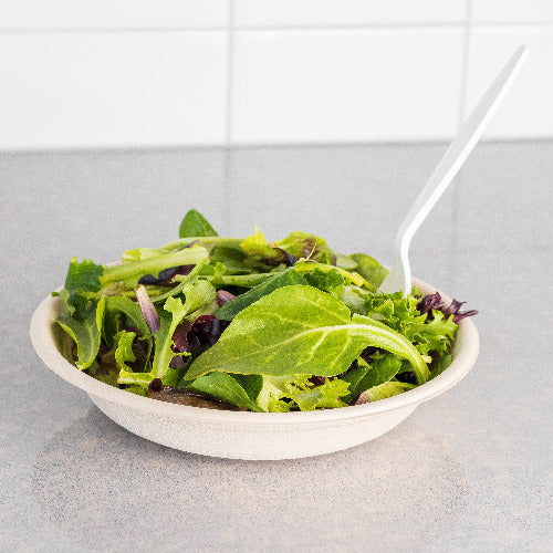 Fresh salad in compostable bowl with fork